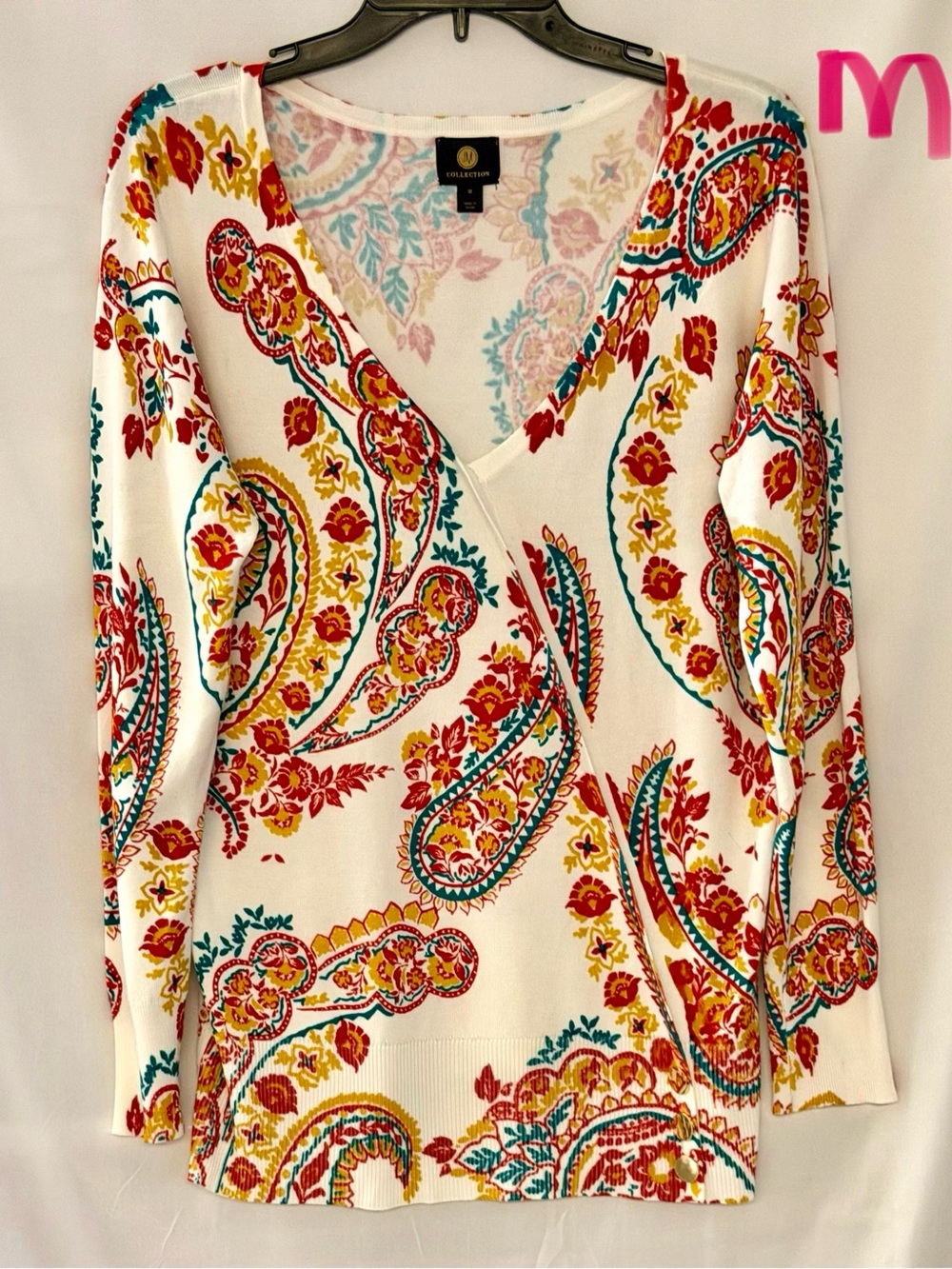 JM Collection White V-Neck Long Sleeve Top with Red, Teal & Yellow Paisley